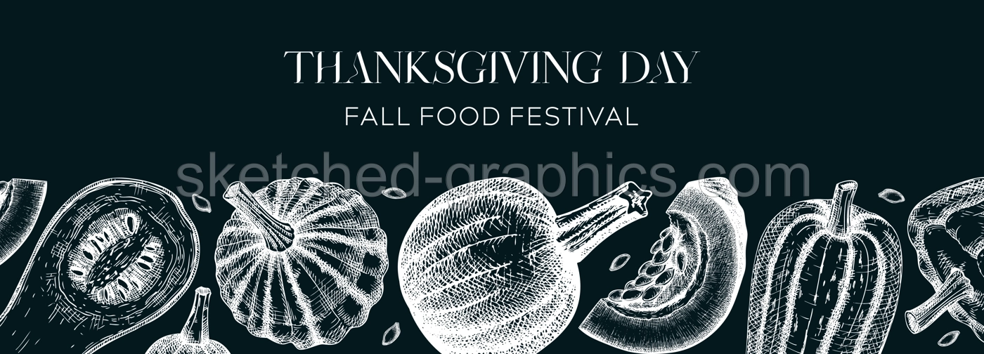 Sketched pumpkins banner on chalkboard. Thanksgiving day vintage design. Autumn food drawings. Vector vegetables, butternut squash, marrow, pumpkin sketches. Fall Harvest festival background Illustration